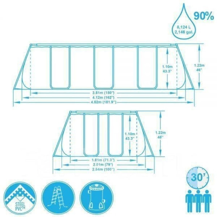 Бассейн каркасный Bestway Power Steel Rectangular 56722, 412x201x122 см