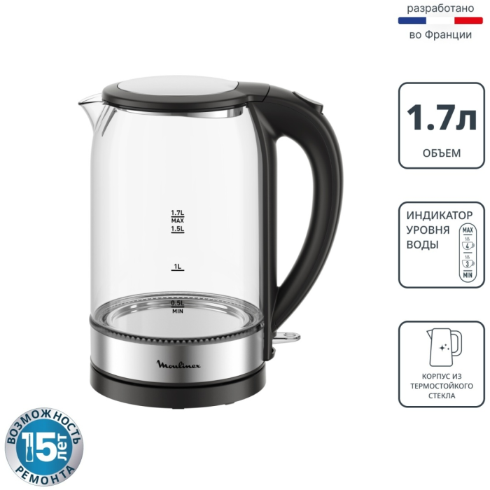 Электрочайник Moulinex BY3S0DF0 черный, прозрачный