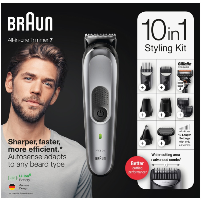 Триммер для бороды и усов Braun BT7320, 4 насадки и бритва Gillette, серебристо-черный