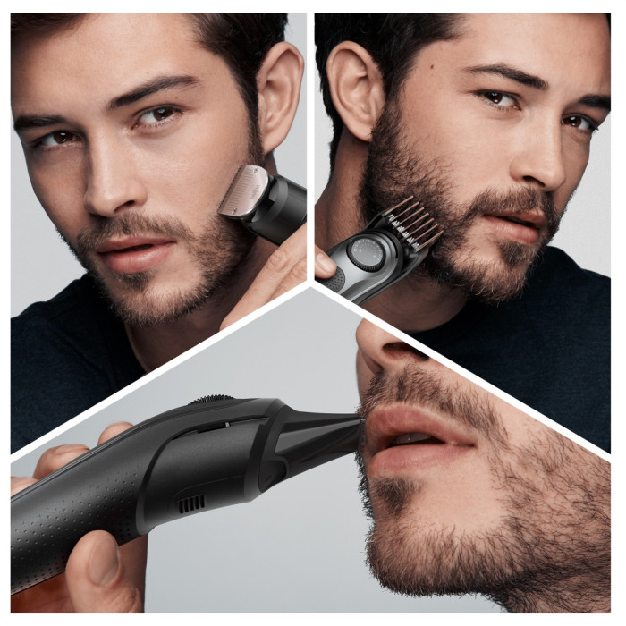 Триммер для бороды и усов Braun BT7320, 4 насадки и бритва Gillette, серебристо-черный