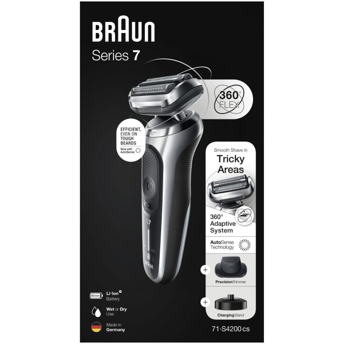 Braun Series 7 71-S4200cs, сухое/влажное бритьё, зарядная станция, насадка, серебристая