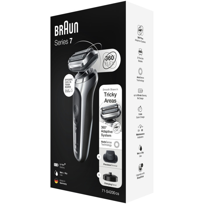 Braun Series 7 71-S4200cs, сухое/влажное бритьё, зарядная станция, насадка, серебристая