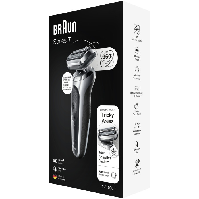 Braun Series 7 71-S1000s для сухого и влажного бритья с дорожным футляром, серебристая