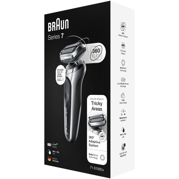Braun Series 7 71-S1000s для сухого и влажного бритья с дорожным футляром, серебристая