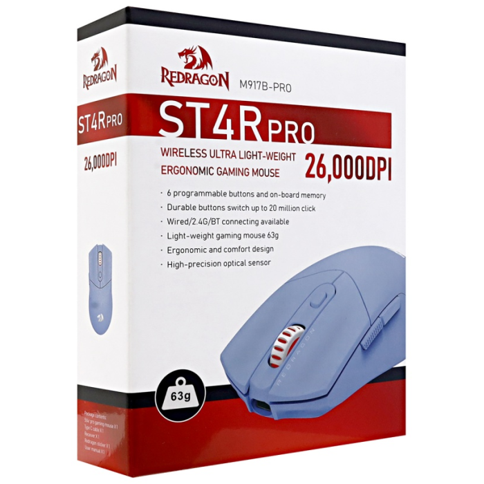 Mouse Redragon ST4r Pro, Optical 100-26000 dpi, 2,4/BT/USB, Blue,(72267)