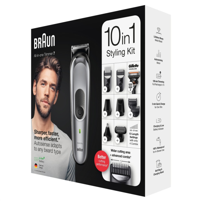Триммер для бороды и усов Braun BT7320, 4 насадки и бритва Gillette, серебристо-черный