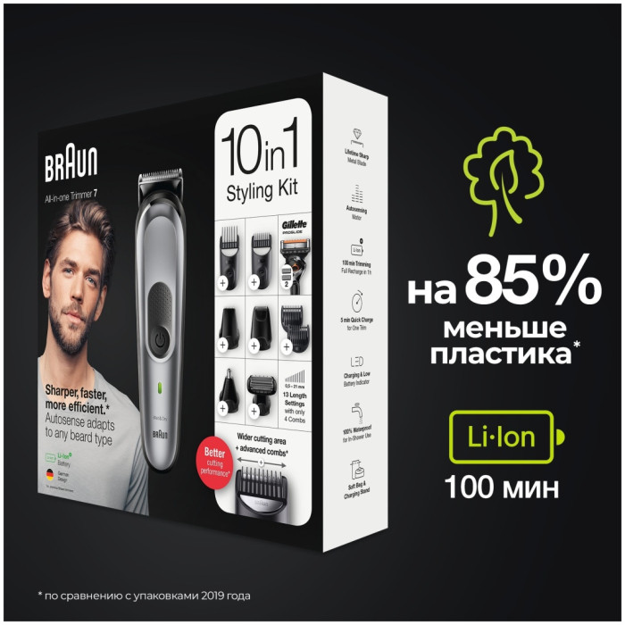 Триммер для бороды, усов и волос Braun MGK7320, 10 в 1, 8 насадок и бритва Gillette, серебристый