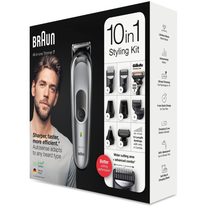 Триммер для бороды, усов и волос Braun MGK7320, 10 в 1, 8 насадок и бритва Gillette, серебристый