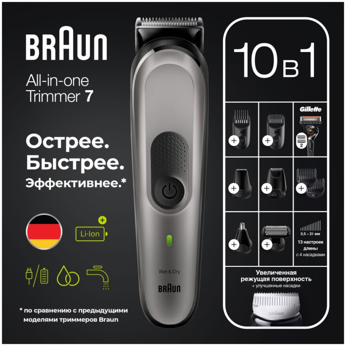 Триммер для бороды, усов и волос Braun MGK7320, 10 в 1, 8 насадок и бритва Gillette, серебристый