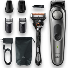 Триммер для бороды и усов Braun BT7320, 4 насадки и бритва Gillette, серебристо-черный