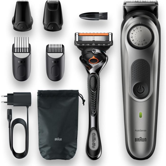 Триммер для бороды и усов Braun BT7320, 4 насадки и бритва Gillette, серебристо-черный