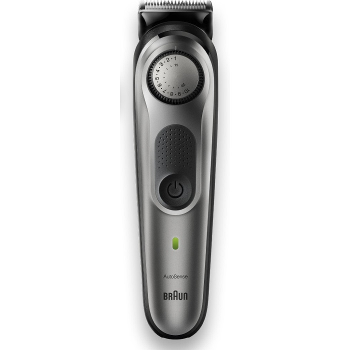 Триммер для бороды и усов Braun BT7320, 4 насадки и бритва Gillette, серебристо-черный