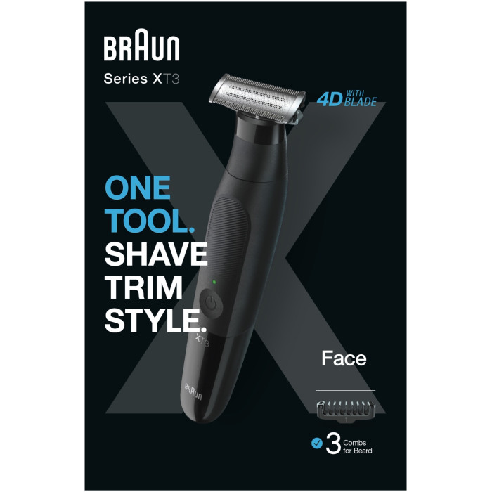 Триммер гибридный для бороды, усов и тела Braun XT3100 Series X, 3 насадки, чёрный