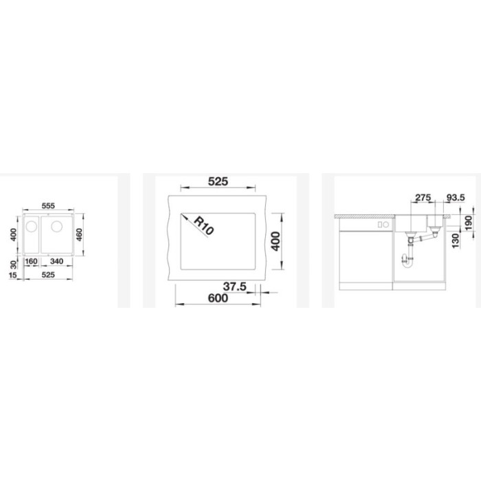 Кухонная мойка Blanco Subline 340/160-U RH вулканический серый (527346) 55.5х46х19 см, искусственный гранит, тон вулканический серый