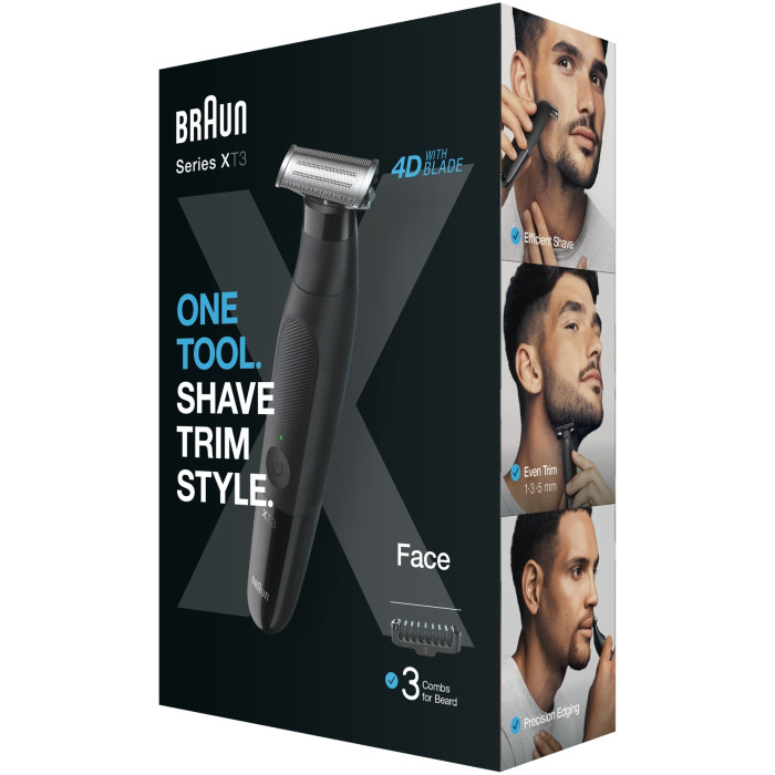 Триммер гибридный для бороды, усов и тела Braun XT3100 Series X, 3 насадки, чёрный
