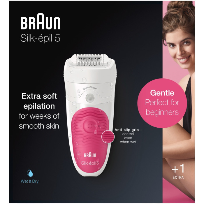 Эпилятор Braun Silk-épil 5 5-500, сухая/влажная эпиляция, 1 насадка и подсветка SmartLight, розовый