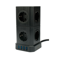 Сетевой фильтр Cablexpert Tower TWR-9-U4-B-2, 9р, 16А, 4хUSB, 3.1А, 2м, ур.защ. 4+, коробка черный<br>