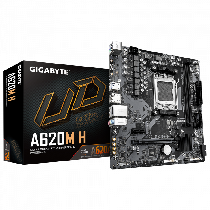Сист.плата Gigabyte A620M H, A620, 2xDDR4, PCI-E4 x16, 1xPCI-E x1, 1xM.2, 4xSATA, HDMI, LAN1GbE, BOX<br>331502