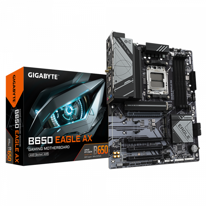 Сист.плата Gigabyte B650 EAGLE AX, B650, 4xDDR5, PCI-E4 x16, 1xPCI-E x1, 1xM.2, 6xSATA, HDMI, DPx1,Wi-Fi6E,LAN2.5GbE,BOX<br>331498