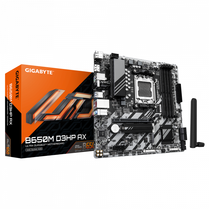 Сист.плата Gigabyte B650M D3HP AX, B650, 4xDDR5, PCI-E4 x16, 1xPCI-E x1, 1xM.2, 6xSATA, HDMI, DPx1,Wi-Fi6E,LAN2.5GbE,BOX<br>331500