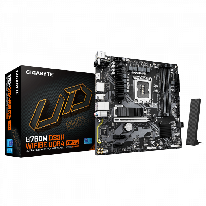 Сист.плата Gigabyte B760M DS3H WF6E GEN5, B760, 1700, 4xDDR5, PCI-E x16, 2xPCI-E x1, M2, SATA, HDMI, 2xDP, WIFI6E, BOX<br>331484