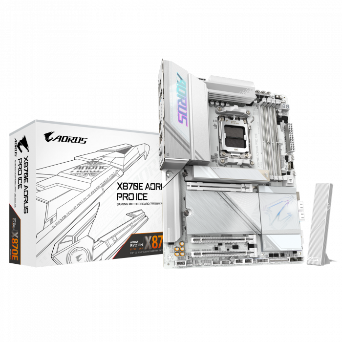 Сист.плата Gigabyte X870E AORUS PRO, AM5, 4xDDR5, PCI-E5 x16, 3xM.2, SATA6, HDMI, DPx3, Wi-Fi6E, LAN2.5GbE, BOX<br>331488