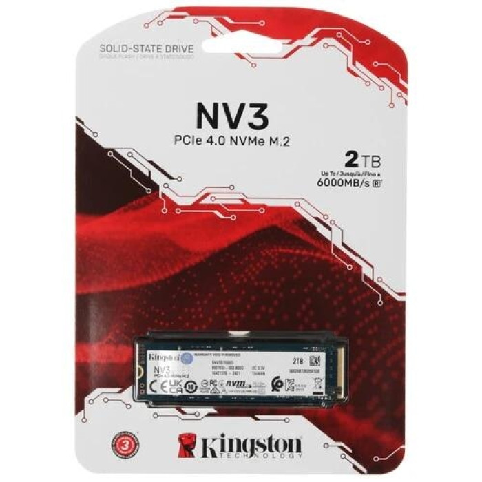 Твердотельный накопитель Kingston NV3, 2000Gb, M2 NVMe PCIe Gen4, Read/write 6000/5000Mb.s SNV3S/2000G<br>328258